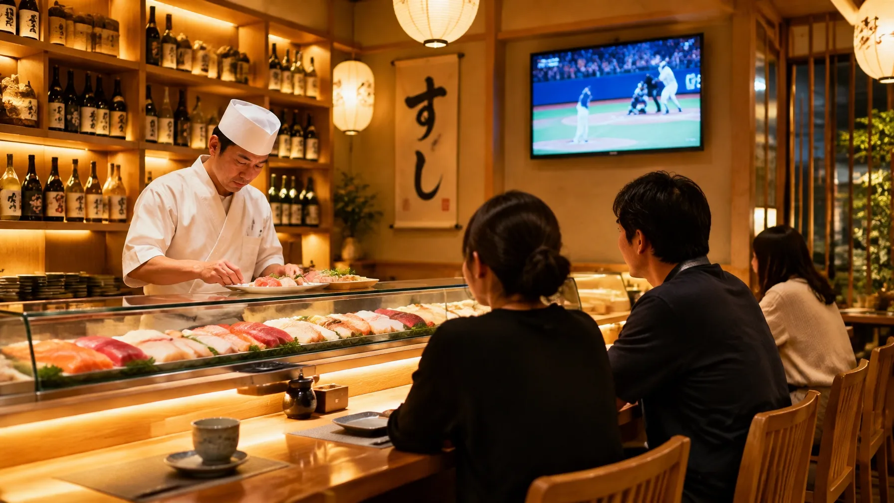 Sushi chef plating sashimi behind a glass-fronted counter in a warmly lit Japanese restaurant with guests, sake shelves, lanterns, calligraphy, and a baseball game on TV